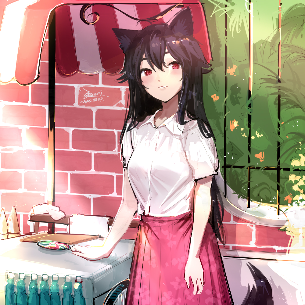 1girl ahoge animal_ears black_hair blush breasts commentary_request dated ejami ekko_(ejami) fox_ears fox_girl fox_tail hair_between_eyes long_hair long_skirt looking_at_viewer original pink_skirt red_eyes shirt short_sleeves signature skirt smile solo tail white_shirt