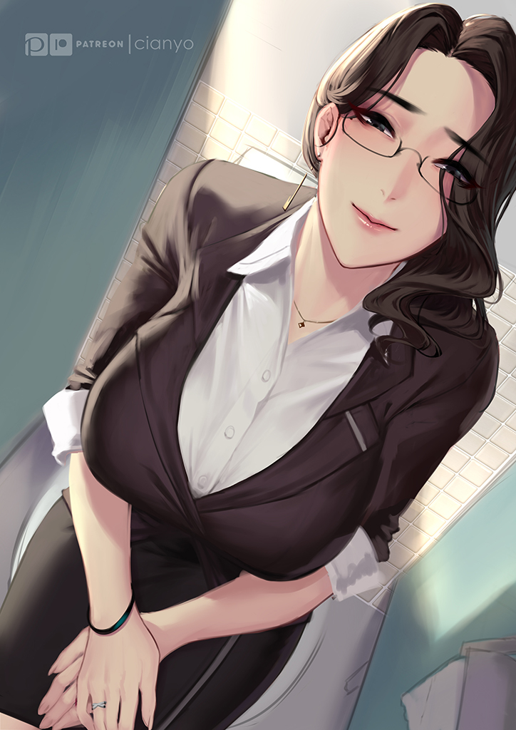 1girl black_eyes bracelet breasts brown_hair cian_yo day dutch_angle earrings from_above glasses indoors jewelry large_breasts looking_at_viewer looking_up mature necklace pale_skin ring shirt smile teacher toilet uniform wavy_hair white_shirt