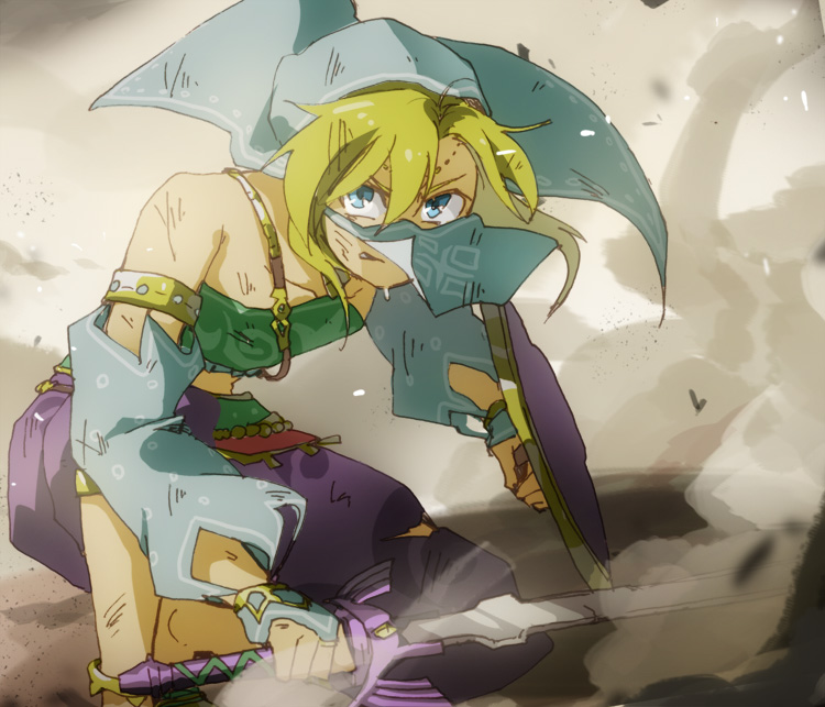 1boy anklet arabian_clothes bandeau bangs bare_shoulders blonde_hair blue_eyes blue_gloves bridal_gauntlets circlet clenched_teeth collabone crossdressinging detached_sleeves dirty dust gerudo_link gloves holding holding_shield holding_sword holding_weapon jewelry link male_focus master_sword midriff pants parted_lips shield shiny shiny_hair solo squatting sword teeth the_legend_of_zelda the_legend_of_zelda:_breath_of_the_wild torn_clothes torn_pants umekonbu veil weapon