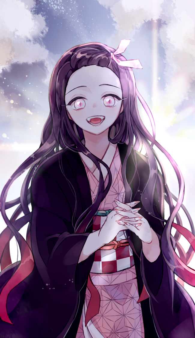 1girl :d backlighting brown_hair cowboy_shot fangs fingernails gradient_hair hair_ribbon haori interlocked_fingers japanese_clothes kamado_nezuko kimetsu_no_yaiba kimono long_hair looking_at_viewer multicolored_hair nail_polish open_mouth pink_eyes pink_kimono pink_nails print_kimono redhead ribbon sharp_fingernails shiny shiny_hair slit_pupils smile solo standing urahinon very_long_hair white_ribbon