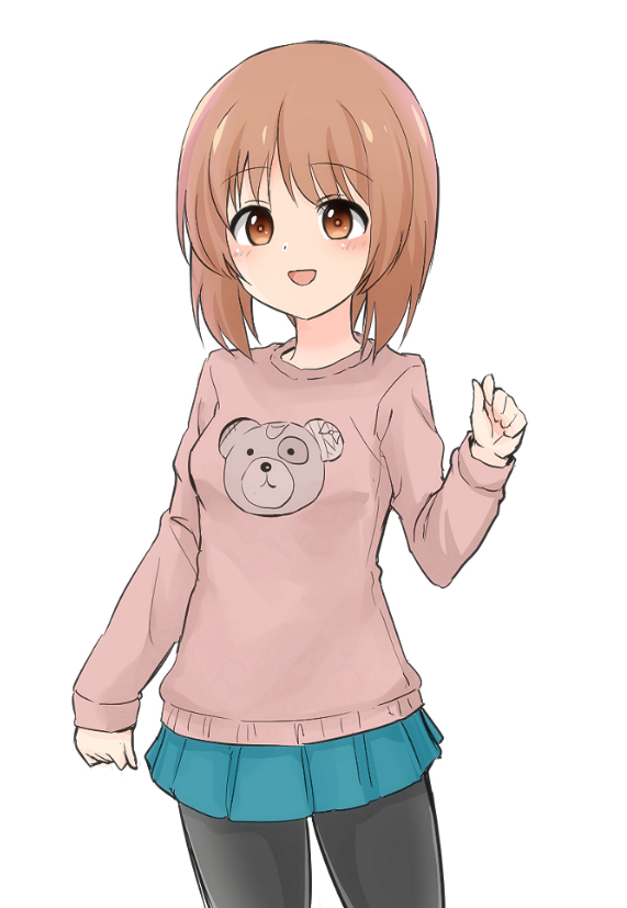 1girl animal_print bangs bear_print black_legwear blue_skirt brown_eyes brown_hair casual commentary cowboy_shot eyebrows_visible_through_hair girls_und_panzer long_sleeves looking_at_viewer miniskirt nasunael nishizumi_miho open_mouth pantyhose pink_sweater pleated_skirt short_hair skirt smile solo standing sweater