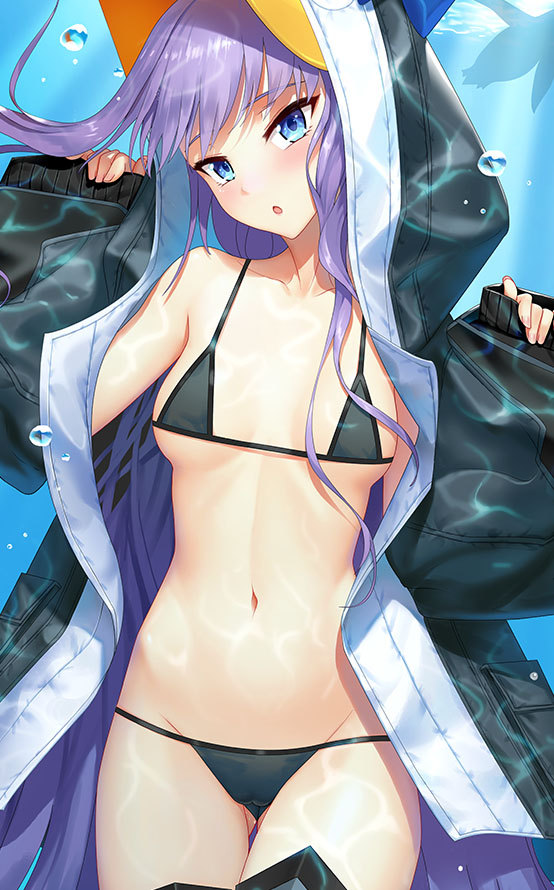 1girl animal_hood bangs bare_shoulders bikini black_bikini black_jacket blue_bow blue_eyes blush bow breasts collarbone dakimakura fate/grand_order fate_(series) hood hood_up jacket long_hair looking_at_viewer meltryllis meltryllis_(swimsuit_lancer)_(fate) navel open_clothes open_jacket open_mouth penguin_hood purple_hair shadowgrave sleeves_past_wrists small_breasts swimsuit thighs tongue underwater very_long_hair