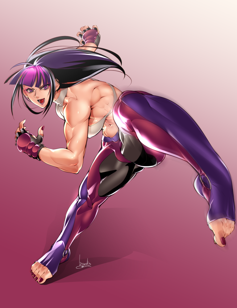 1girl abs bangs black_gloves blunt_bangs blush bowalia breasts covered_nipples full_body gloves gradient gradient_background halter_top halterneck han_juri kicking long_hair medium_breasts midriff multicolored_hair muscle muscular_female no_bra open_mouth padded_gloves pants plantar_flexion purple_background purple_gloves purple_hair purple_nails shiny shiny_clothes sideboob solo street_fighter street_fighter_v tight tight_pants toeless_legwear toenail_polish toes two-tone_gloves two-tone_hair violet_eyes