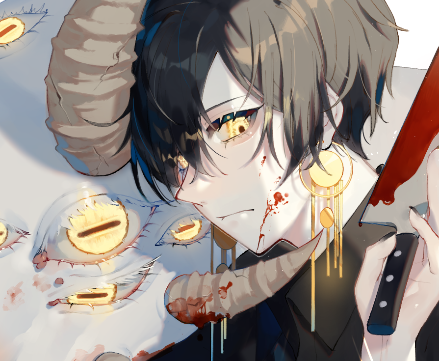 1boy animal animal_ears black_hair black_nails blood blood_on_face bloody_weapon close-up closed_mouth cracked earrings extra_ears face fingernails frown glowing glowing_eyes goat goat_eyes holding holding_knife holding_weapon horns jewelry knife long_fingernails male_focus original weapon yellow_eyes zumi_(neronero126)