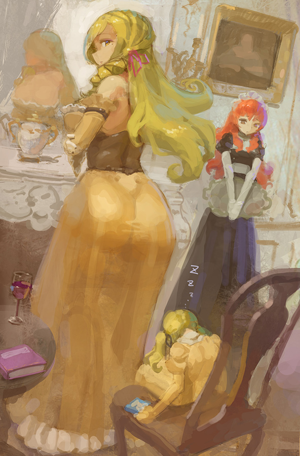 ass bare_shoulders book breasts brown_eyes chair commentary_request cup dress drinking_glass elbow_gloves gloves green_hair hair_ribbon kazo large_breasts maid mirror original painting pink_ribbon redhead ribbon sitting sleeping table tray twintails violet_eyes white_gloves wine_glass yellow_dress zzz