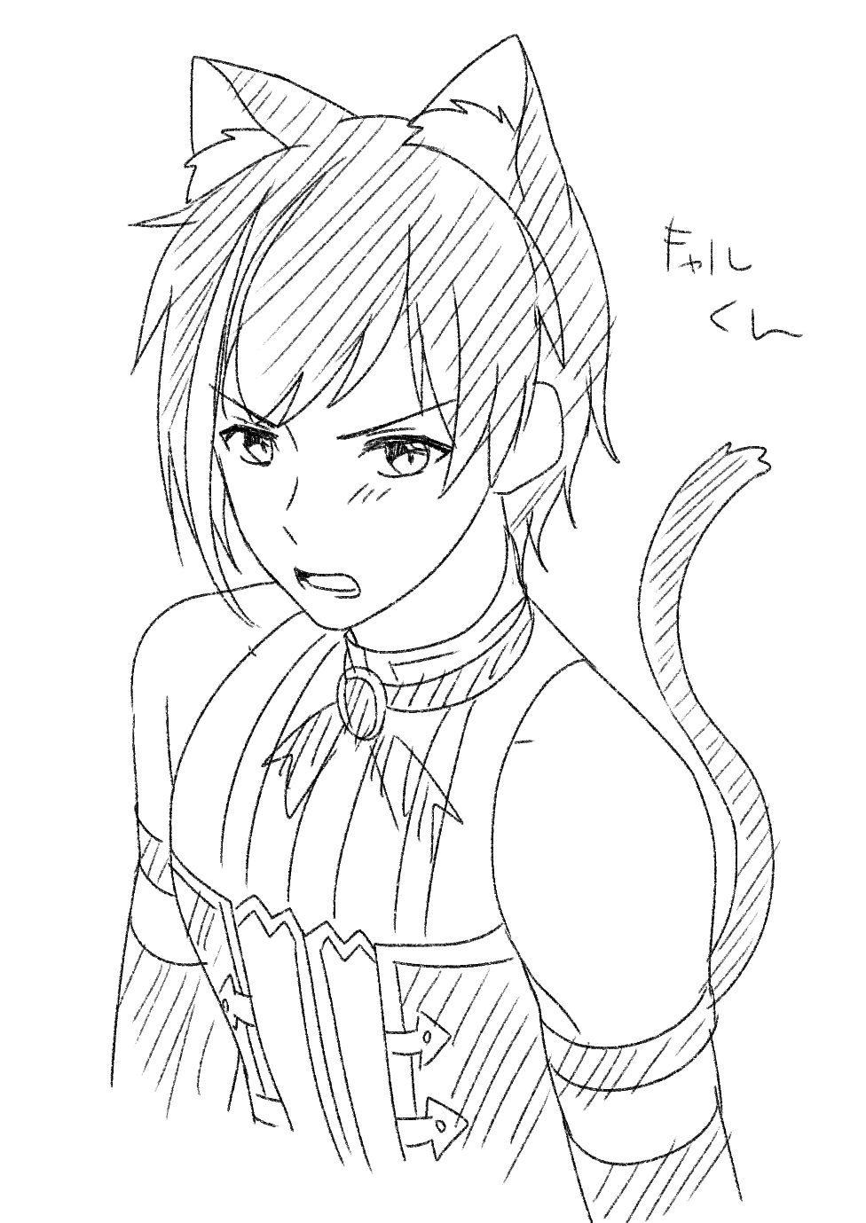 1boy animal_ear_fluff animal_ears bangs bare_shoulders blush cat_boy cat_ears cat_tail cropped_torso detached_sleeves eyebrows_visible_through_hair genderswap genderswap_(ftm) greyscale highres ichiren_namiro kyaru_(princess_connect) looking_at_viewer male_focus monochrome multicolored_hair open_mouth princess_connect! princess_connect!_re:dive shirt simple_background sleeveless sleeveless_shirt solo streaked_hair tail translation_request upper_body v-shaped_eyebrows white_background