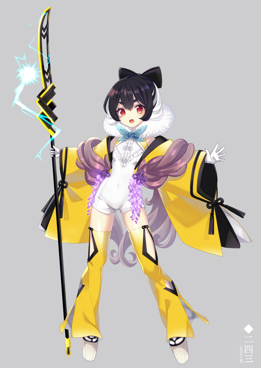 1girl black_bow black_hair bow eyebrows_visible_through_hair full_body gloves hair_bow highres holding holding_staff looking_at_viewer merlusa open_mouth personification pokemon raikou red_eyes short_hair solo staff thick_eyebrows upper_teeth white_gloves