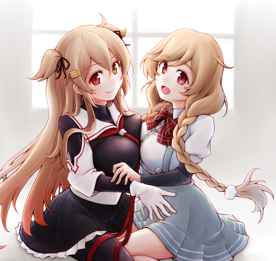 2girls arm_warmers asymmetrical_docking black_serafuku black_skirt bow bowtie braid breast_press breasts brown_eyes cloud_hair_ornament gloves grey_skirt hair_flaps heterochromia kantai_collection light_brown_hair long_hair low_twin_braids medium_breasts meihemu minegumo_(kantai_collection) multiple_girls murasame_(kantai_collection) plaid_neckwear pleated_skirt red_eyes red_neckwear remodel_(kantai_collection) school_uniform serafuku shirt sitting skirt smile suspender_skirt suspenders twin_braids two_side_up white_gloves white_shirt