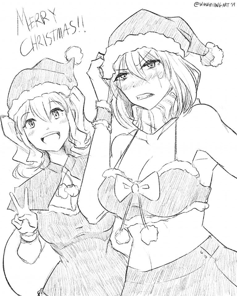 2girls arm_up bare_arms bare_shoulders blush english_text frown greyscale hand_on_headwear hat kantai_collection kashima_(kantai_collection) looking_at_viewer merry_christmas midriff monochrome multiple_girls older re-class_battleship santa_bikini santa_costume santa_hat scarf short_hair signature simple_background sketch smile twintails v wangphing white_background