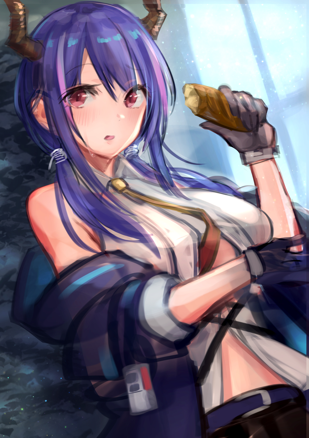 1girl arknights baguette bangs bare_shoulders black_jacket black_skirt blush bread breasts ch'en_(arknights) collared_shirt commentary_request curled_horns eyebrows_visible_through_hair food hair_between_eyes hand_up highres holding holding_food horns jacket long_hair looking_at_viewer low_twintails mappaninatta medium_breasts multicolored_hair necktie off_shoulder open_clothes open_jacket parted_lips pink_hair purple_hair purple_jacket red_eyes shirt sketch skirt sleeveless sleeveless_shirt solo streaked_hair twintails white_shirt yellow_neckwear