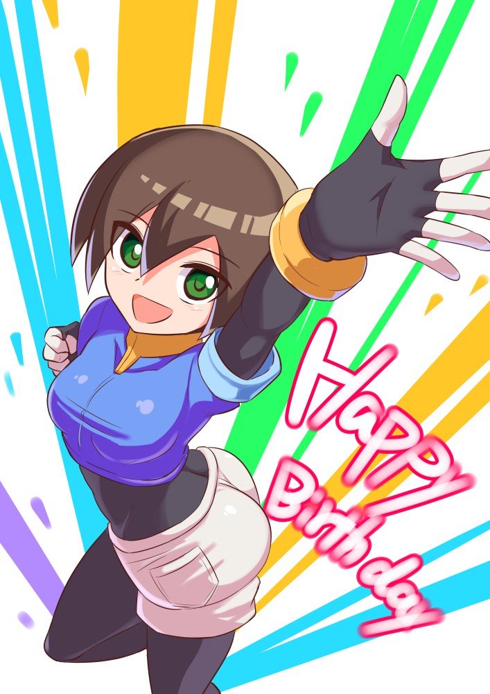 1girl aile ass blush bodystocking bracelet breasts brown_hair commentary cougar1404 eyebrows_visible_through_hair green_eyes jewelry looking_at_viewer medium_breasts puffy_short_sleeves puffy_sleeves rockman rockman_zx short_hair short_sleeves shorts smile solo white_shorts