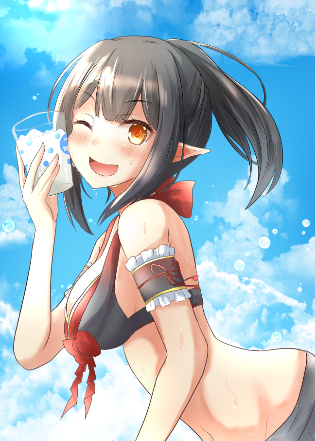 1girl arm_strap bangs bikini black_bikini black_hair blush breasts character_request clouds cloudy_sky copyright_request cup eyebrows_visible_through_hair holding holding_cup looking_at_viewer looking_to_the_side medium_breasts one_eye_closed open_mouth pointy_ears ponytail ram_hachimin sidelocks sky solo star star-shaped_pupils swimsuit symbol-shaped_pupils virtual_youtuber yellow_eyes