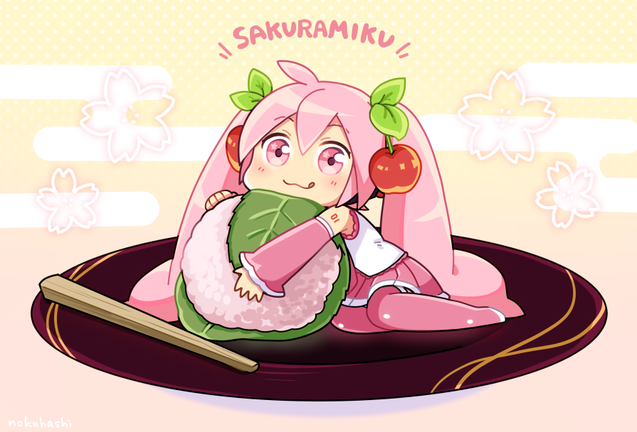 1girl :3 bare_shoulders character_name cherry_hair_ornament commentary detached_sleeves egasumi food food_themed_hair_ornament hair_ornament hatsune_miku headphones holding holding_food leaf long_hair looking_at_viewer minigirl mochi nokuhashi object_hug pink_eyes pink_hair pink_legwear pink_skirt pink_sleeves plate sakura_miku sakura_mochi shirt shoulder_tattoo skirt sleeveless sleeveless_shirt smile solo stick tattoo thigh-highs tongue tongue_out twintails very_long_hair vocaloid wagashi white_shirt