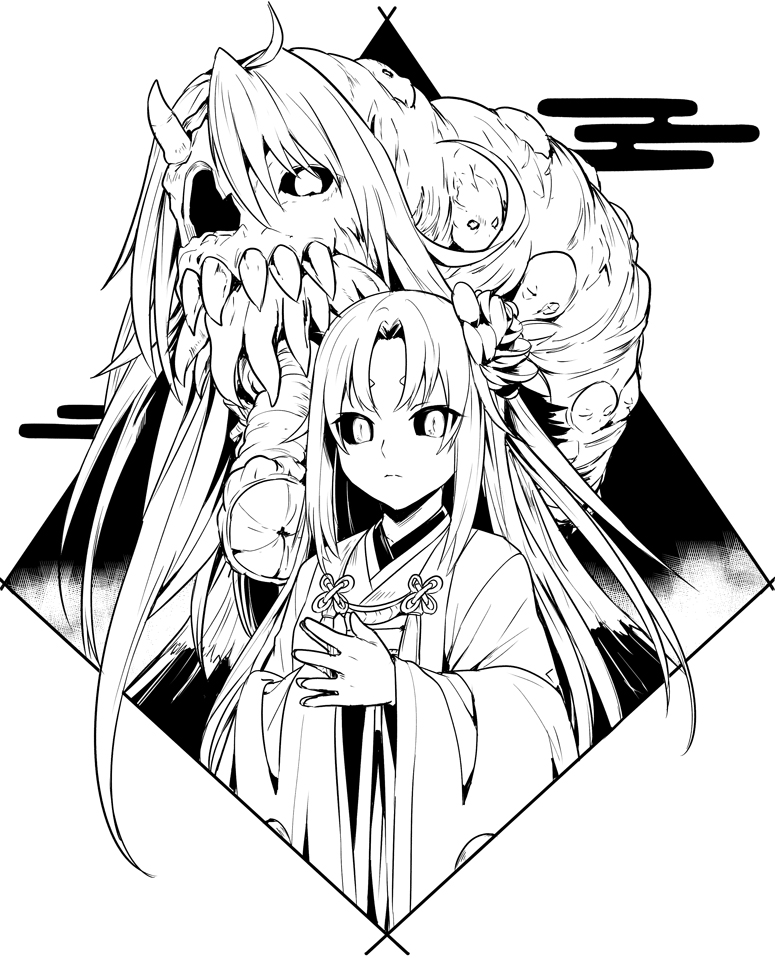 1girl bangs commentary_request copyright_request flower hair_flower hair_ornament horn japanese_clothes kimono long_hair long_sleeves looking_at_viewer monster parted_bangs sharp_teeth shiseki_hirame slit_pupils teeth worms