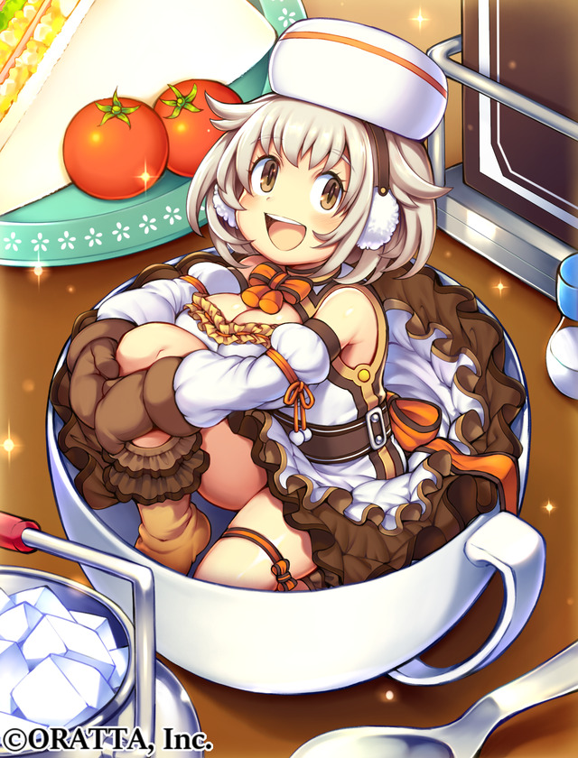 1girl blush brown_eyes brown_gloves brown_hair company_name copyright_request earmuffs eyebrows_visible_through_hair gloves hat iroyopon looking_at_viewer open_mouth short_hair sitting smile solo spoon sugar_cube tomato upper_teeth white_headwear