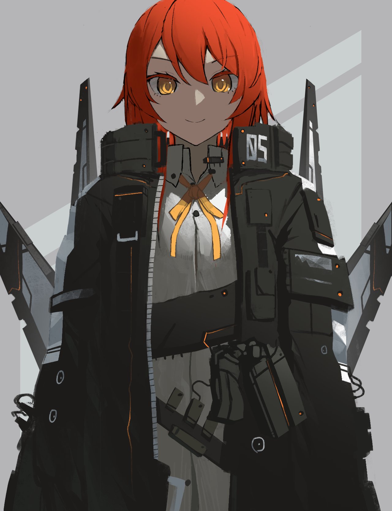 1girl arms_at_sides asteroid_ill black_coat buttons closed_mouth coat collared_shirt dutch_angle high_collar highres jacket long_sleeves looking_at_viewer medium_hair neck_ribbon number open_clothes open_coat optic_nerve_(asteroid_ill) original pin pouch redhead ribbon shirt smile solo white_shirt wire yellow_eyes yellow_neckwear yellow_ribbon