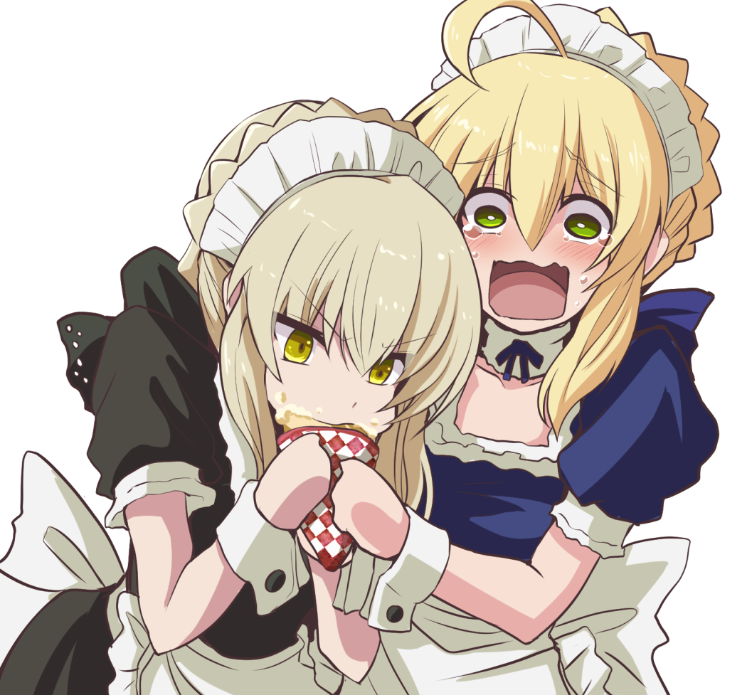 2girls :0 antenna_hair apron artoria_pendragon_(all) bangs black_bow blonde_hair blue_bow blush bow collarbone crepe detached_collar eating eyebrows_visible_through_hair fate/grand_order fate/stay_night fate_(series) food food_theft frill_trim fujitaka_nasu green_eyes grey_hair hair_bow headdress maid maid_headdress multiple_girls open_mouth saber saber_alter short_sleeves simple_background teardrop tearing_up tears white_background yellow_eyes