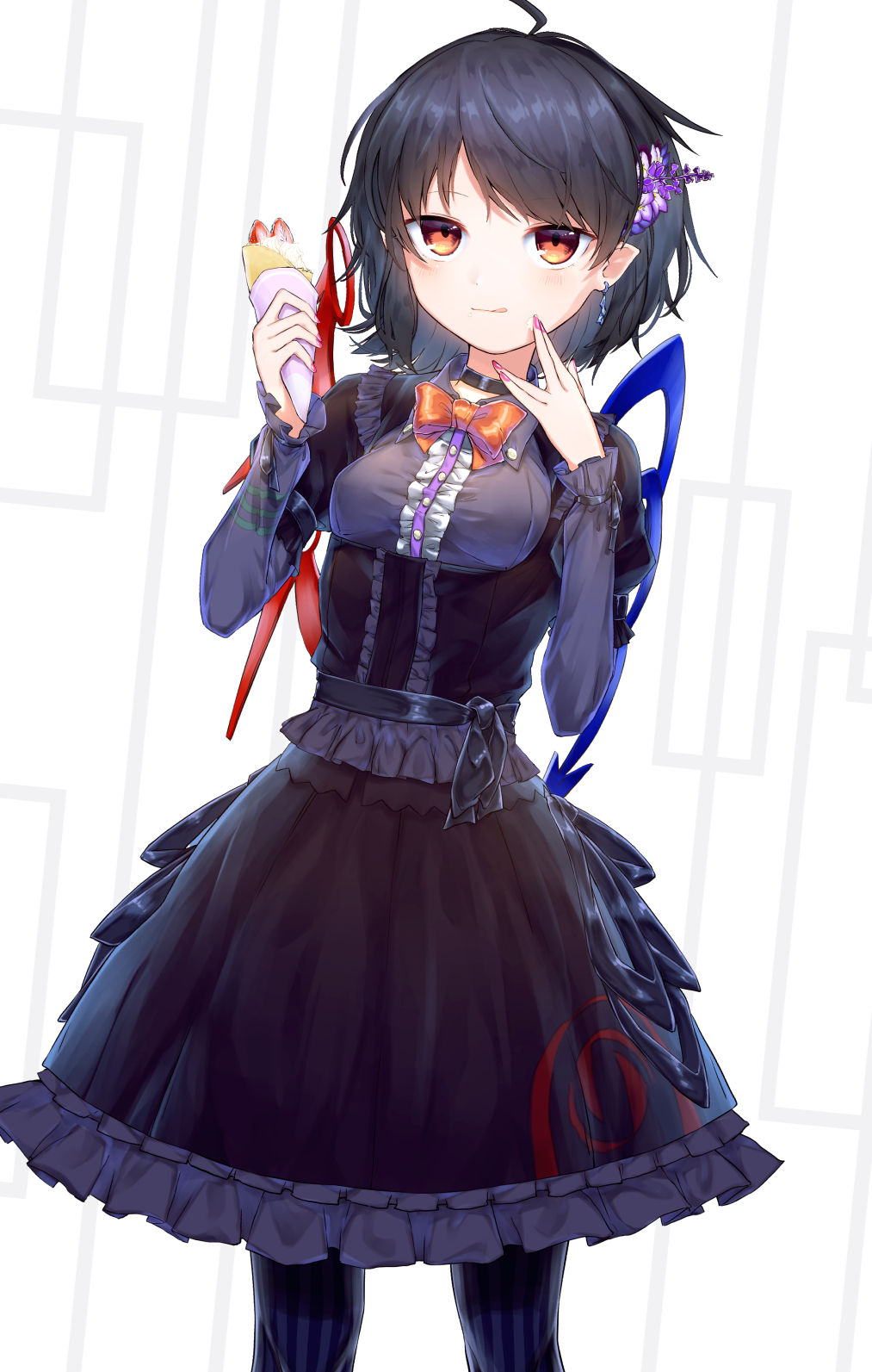 1girl ahoge alternate_costume asymmetrical_wings black_choker black_hair black_legwear black_shirt black_skirt bow bowtie breasts choker closed_mouth crepe earrings flower food hair_flower hair_ornament highres holding holding_food houjuu_nue jewelry kisamu_(ksmz) licking_lips light_smile long_sleeves looking_at_viewer medium_breasts medium_hair nail_polish orange_eyes pantyhose pink_nails pointy_ears purple_flower red_neckwear sash shirt skirt solo standing tongue tongue_out touhou underbust white_background wings