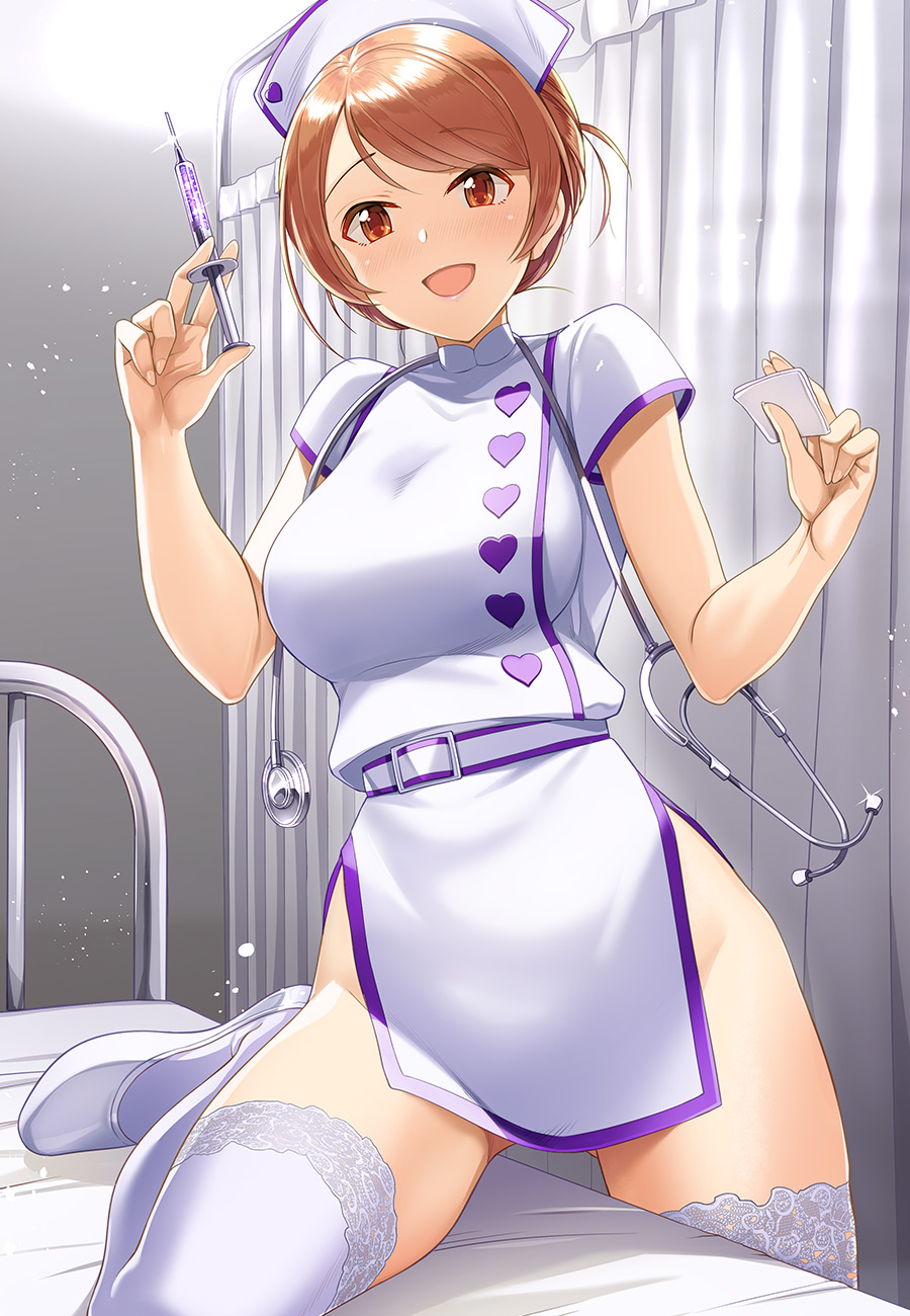 1girl :d ass_visible_through_thighs bangs bed bed_sheet belt belt_buckle blush breasts brown_eyes brown_hair buckle curtains dress eyebrows_visible_through_hair glint hat heart highres holding holding_syringe hospital_bed houjou_karen idolmaster idolmaster_cinderella_girls indoors kazu large_breasts leg_up nose_blush nurse nurse_cap open_mouth short_dress short_hair short_sleeves side_slit smile solo stethoscope swept_bangs syringe thigh-highs white_dress white_legwear