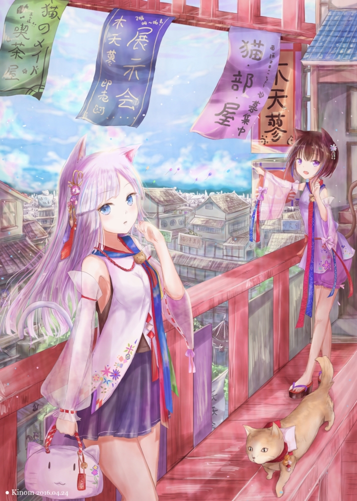 2girls animal animal_bag animal_ears artist_name bag bare_shoulders black_footwear blue_eyes blue_skirt blue_sky brown_hair building cat cat_ears cat_girl cat_tail clouds cloudy_sky dated day detached_sleeves dress flower hair_flower hair_ornament handbag holding holding_bag kinom_(sculpturesky) long_hair long_sleeves looking_at_viewer multiple_girls open_mouth original outdoors outstretched_arm parted_lips pleated_skirt pointing puffy_long_sleeves puffy_shorts puffy_sleeves purple_dress purple_shorts railing ribbon-trimmed_sleeves ribbon_trim see-through see-through_sleeves short_shorts shorts silver_hair skirt sky sleeveless sleeveless_dress sleeves_past_wrists standing tail translation_request very_long_hair violet_eyes white_dress white_flower wide_sleeves zouri