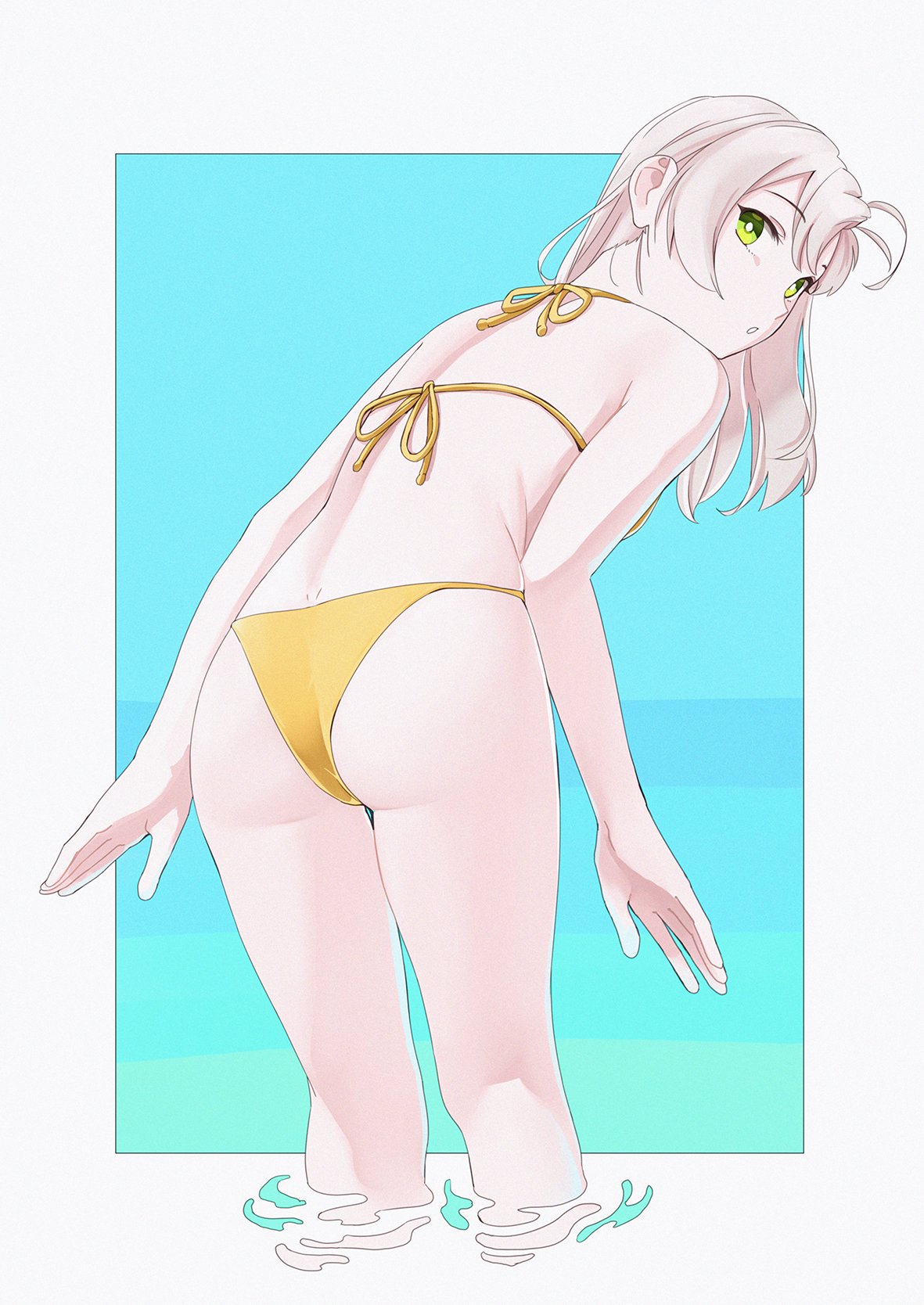 1girl :o antenna_hair bangs bikini eyebrows_visible_through_hair from_behind green_eyes grey_hair head_tilt highres kantai_collection kinugasa_(kantai_collection) ojipon open_mouth partially_submerged remodel_(kantai_collection) simple_background solo swimsuit yellow_bikini