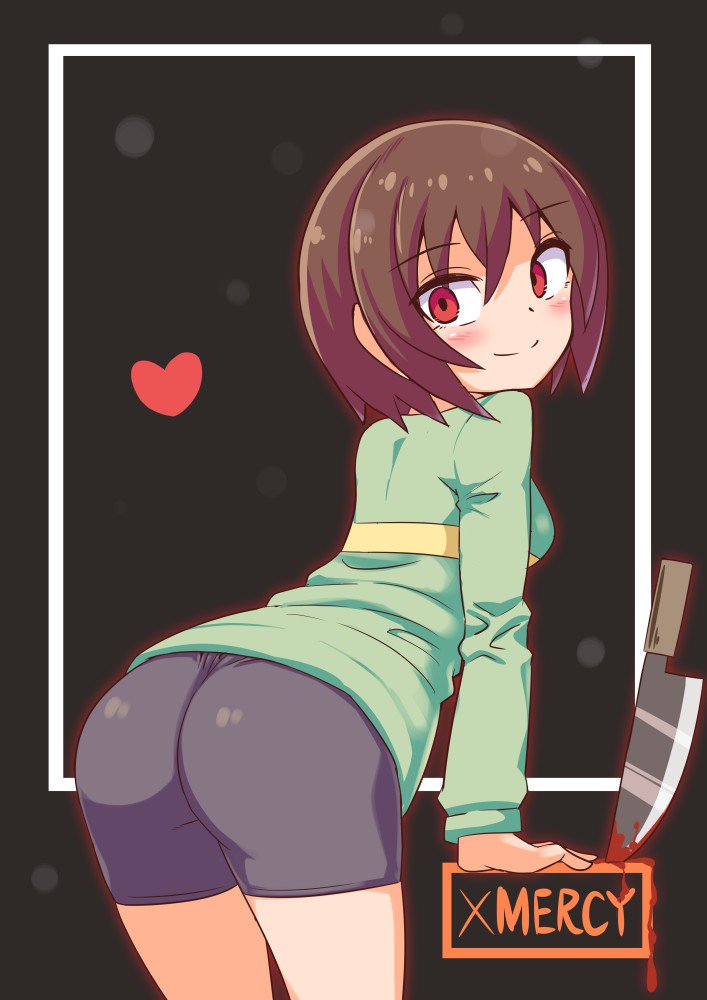 1girl ass bike_shorts blood bloody_knife bloody_weapon blush breasts brown_hair chara_(undertale) closed_mouth commentary cougar1404 heart knife looking_at_viewer red_eyes shirt short_hair smile solo striped striped_shirt striped_sweater sweater undertale weapon