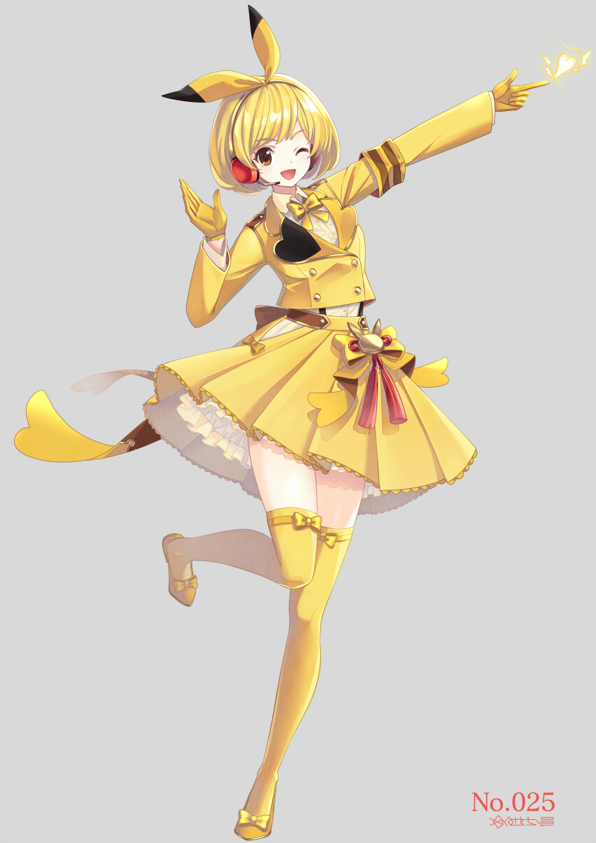 1girl arms_up blonde_hair blush bow brown_eyes electricity eyebrows_visible_through_hair full_body gloves heart highres looking_at_viewer merlusa one_eye_closed open_mouth personification pikachu pokemon pokemon_number short_hair skirt smile solo thigh-highs yellow_bow yellow_footwear yellow_gloves yellow_legwear yellow_skirt