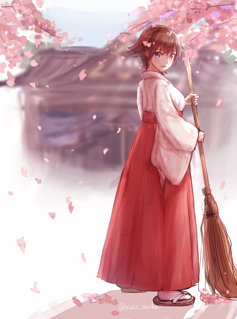 1girl alternate_costume blush breasts broom cherry_blossoms eyebrows_visible_through_hair full_body hair_ornament hairband hakama hiei_(kantai_collection) highres japanese_clothes kantai_collection kimono long_hair long_skirt long_sleeves looking_at_viewer miko open_mouth red_hakama short_hair skirt smile solo white_kimono wide_sleeves wss_(nicoseiga19993411)