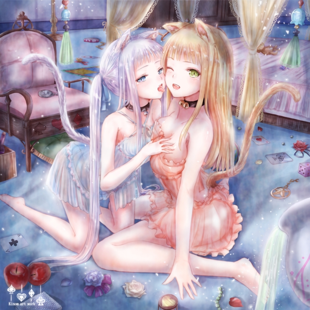 2girls ;d ace_of_clubs ace_of_diamonds ace_of_hearts ace_of_spades animal_ears apple armchair bangs bare_legs bare_shoulders barefoot bed bell bell_choker black_choker blonde_hair blue_dress blue_eyes canopy_bed card cat_ears cat_girl cat_tail chair choker criss-cross_halter diamond_(shape) dice dress eyebrows_visible_through_hair flower food frilled_dress frilled_pillow frills fruit green_eyes half-closed_eyes halterneck heart indoors jingle_bell kinom_(sculpturesky) kneeling long_hair looking_at_viewer multiple_girls one_eye_closed open_mouth original pillow playing_card red_apple red_flower red_rose rose silver_hair sitting smile spade_(shape) tail tongue tongue_out twintails upper_teeth very_long_hair wariza yuri