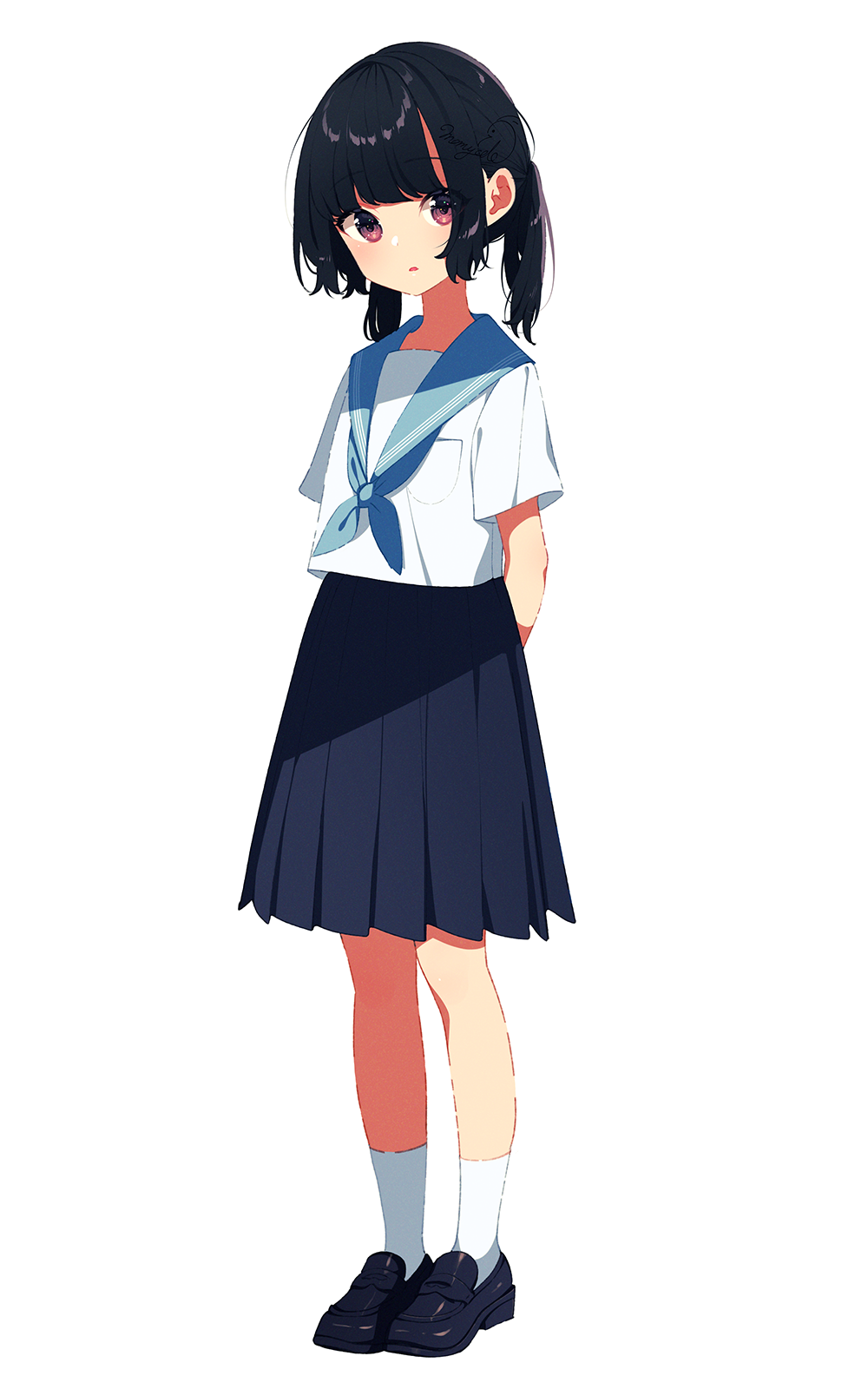 1girl arms_behind_back black_hair brown_eyes full_body highres loafers mamyouda original pleated_skirt school_uniform serafuku shoes short_sleeves short_twintails skirt socks twintails white_legwear