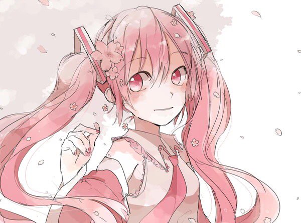1girl bare_shoulders cherry_blossoms commentary detached_sleeves falling_petals flower hair_flower hair_ornament hand_up hatsune_miku holding_petal long_hair looking_to_the_side nail_polish necktie petals pink_eyes pink_hair pink_nails pink_neckwear pink_sleeves sakura_miku shirt sleeveless sleeveless_shirt smile solo twintails upper_body very_long_hair vocaloid white_shirt xxxx_saki