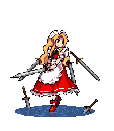 1girl ankle_bow antinomy_of_common_flowers apron arm_ribbon blonde_hair bow brown_eyes closed_mouth dress expressionless frilled_apron frilled_skirt frills headwear holding holding_sword holding_weapon long_hair looking_to_the_side lowres maid maid_headdress official_style pixel_art puffy_sleeves red_dress red_footwear reflection ribbon ripples short_sleeves sidelocks skirt solo sword the_hammer_(pixiv30862105) touhou touhou_(pc-98) transparent_background water wavy_hair weapon wrist_cuffs yumeko