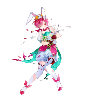 1girl alternate_costume damaged egg est fire_emblem fire_emblem:_mystery_of_the_emblem fire_emblem_heroes frills full_body hair_ornament hat leggings nintendo pantaloons pink_dress pink_hair rabbit rabbit_ears scarf see-through see-through_sleeves short_hair smile white_gloves