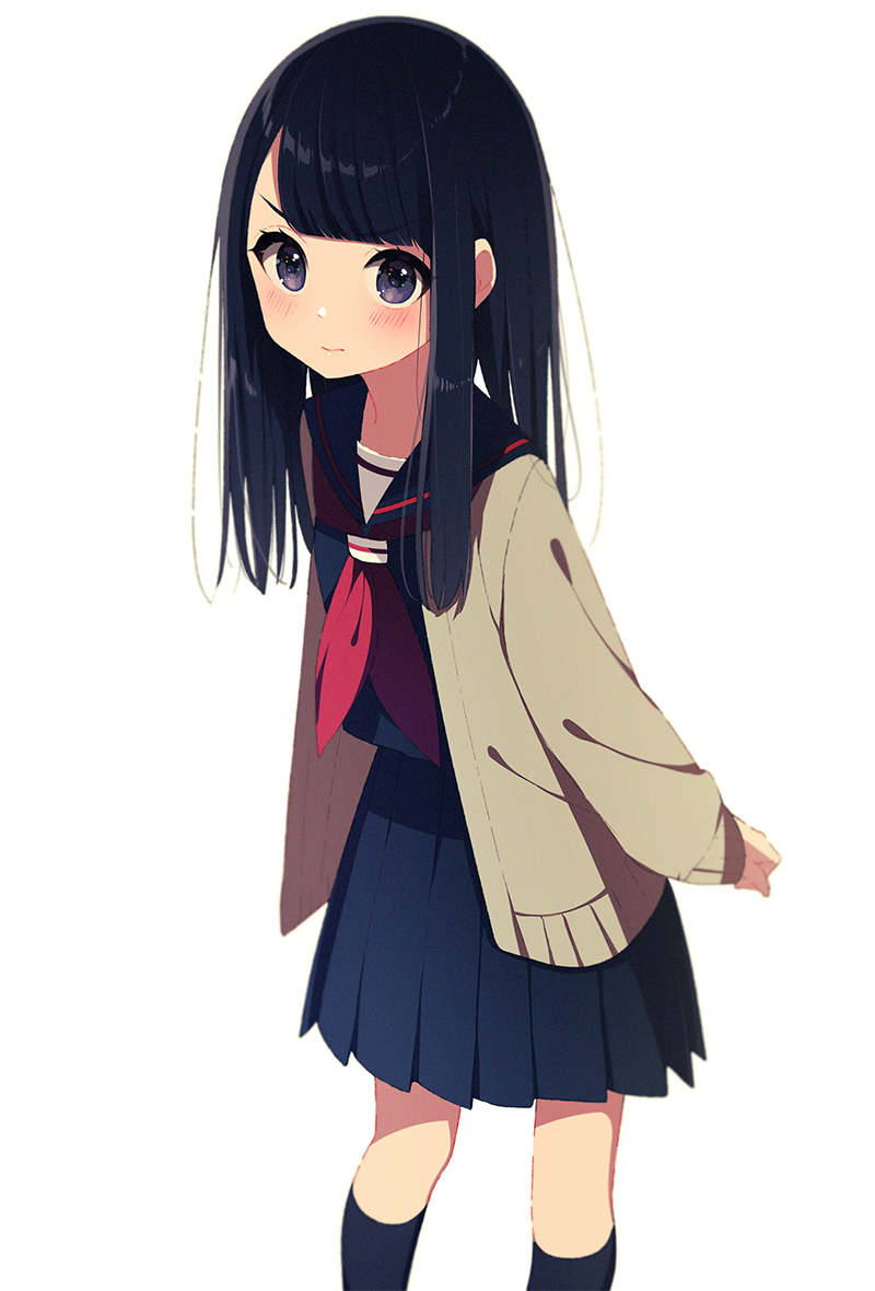 1girl bangs black_hair black_legwear black_serafuku blush cardigan cowboy_shot kneehighs long_hair mamyouda original pleated_skirt red_neckwear school_uniform serafuku skirt solo