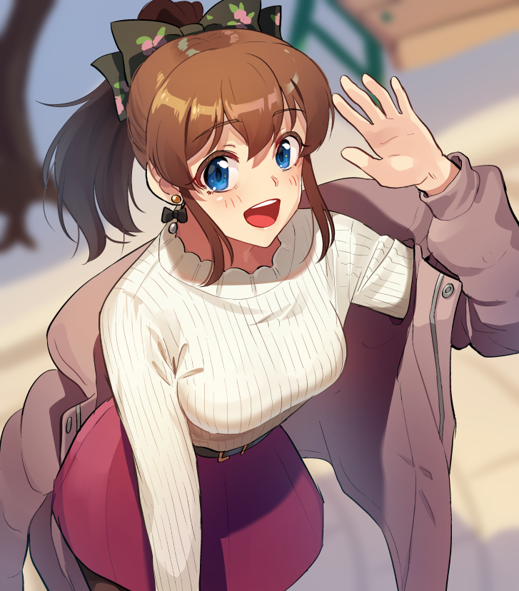1girl arm_up belt black_belt black_bow blue_eyes blush bow breasts brown_hair closed_mouth earrings eyebrows_visible_through_hair hair_bow idolmaster idolmaster_million_live! idolmaster_million_live!_theater_days jewelry kamille_(vcx68) large_breasts long_sleeves looking_at_viewer red_skirt ribbed_sweater satake_minako short_hair short_ponytail skirt smile solo sweater white_sweater