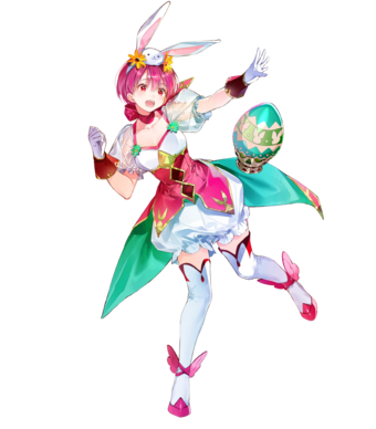 1girl alternate_costume egg est fire_emblem fire_emblem:_mystery_of_the_emblem fire_emblem_heroes frills full_body hair_ornament hat leggings nintendo pantaloons pink_dress pink_hair rabbit rabbit_ears scarf see-through see-through_sleeves short_hair smile white_gloves