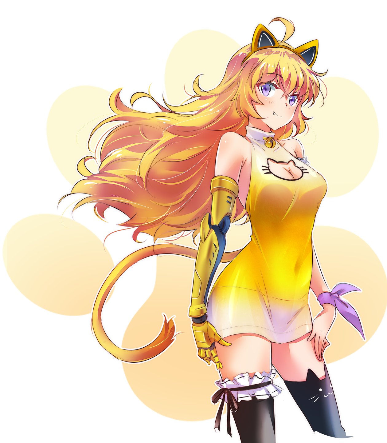 1girl ahoge animal_ears bell black_legwear blonde_hair breasts cat_tail cleavage_cutout covered_navel dress fake_animal_ears halter_dress highres iesupa large_breasts long_hair pantylines prosthesis prosthetic_arm rwby single_garter solo tail thigh-highs violet_eyes wavy_hair yang_xiao_long yellow_dress