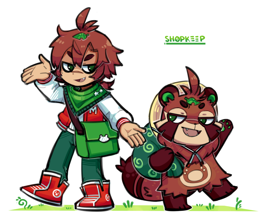 1girl bag brown_hair eyebrows fang green_pants handbag heartbeat_(game) jacket leaf leaf_on_head looking_at_viewer pants parted_lips red_footwear shep_seere shepple shoes short_hair sneakers standing tanuki thick_eyebrows track_jacket