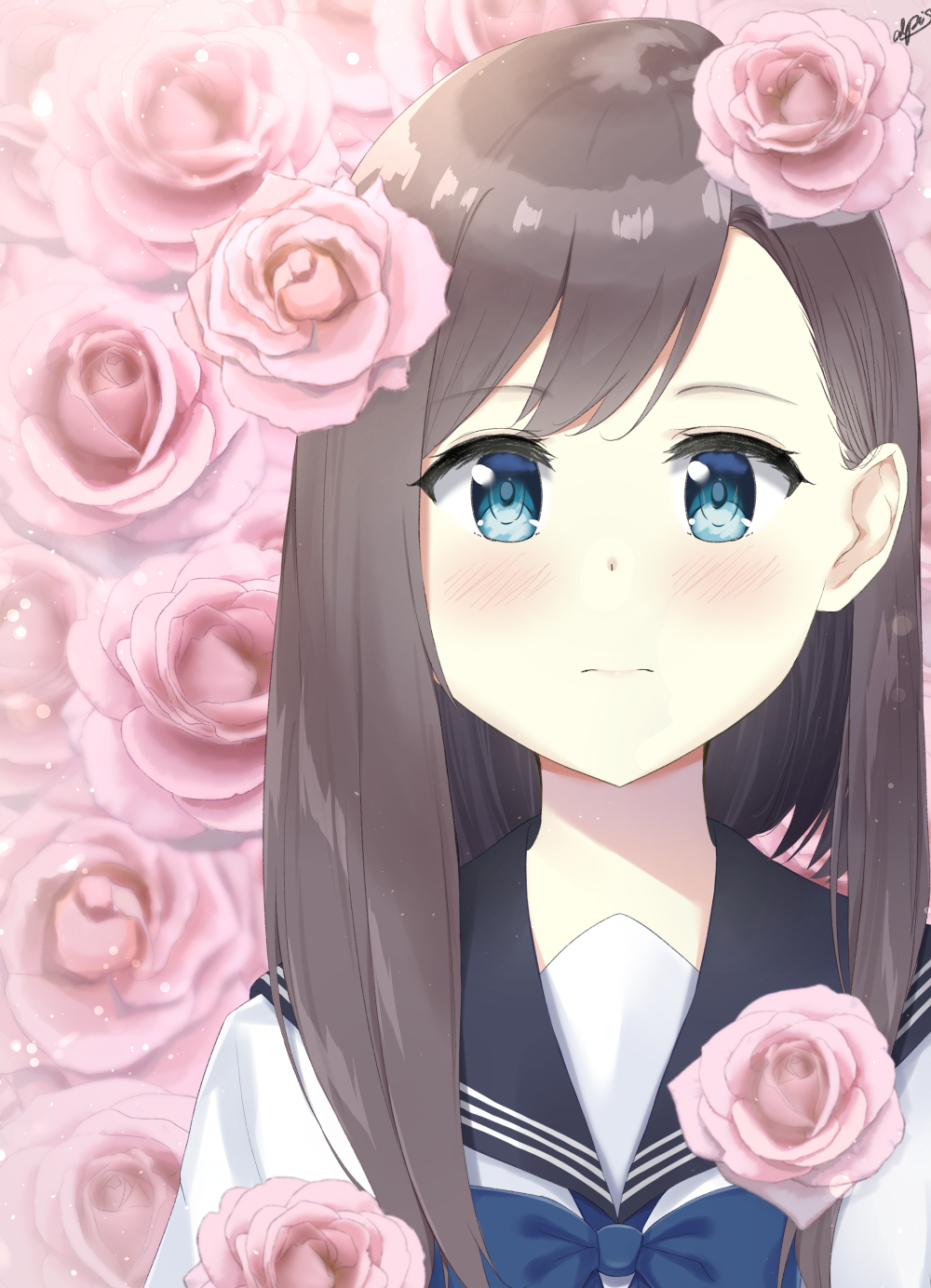 1girl 7_calpis_7 bangs black_hair black_sailor_collar blue_bow blue_eyes blush bow closed_mouth commentary_request eyebrows_visible_through_hair flower highres long_hair looking_at_viewer original pink_flower pink_rose rose sailor_collar school_uniform serafuku shirt signature solo upper_body white_shirt