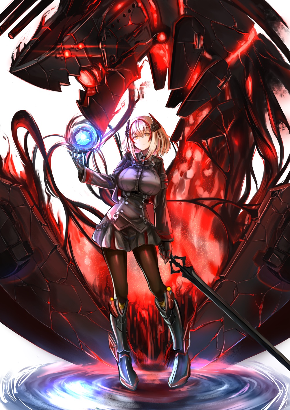 1girl azur_lane black_skirt blonde_hair boots breasts brown_eyes cannon chushou_wang collared_jacket cube full_body glowing glowing_eyes hair_between_eyes headgear highres holding holding_sword holding_weapon iron_cross large_breasts long_sleeves looking_at_viewer magic mechanical_hands medium_hair multicolored_hair pantyhose pleated_skirt redhead roon_(azur_lane) simple_background skirt solo streaked_hair sword water weapon white_background yandere