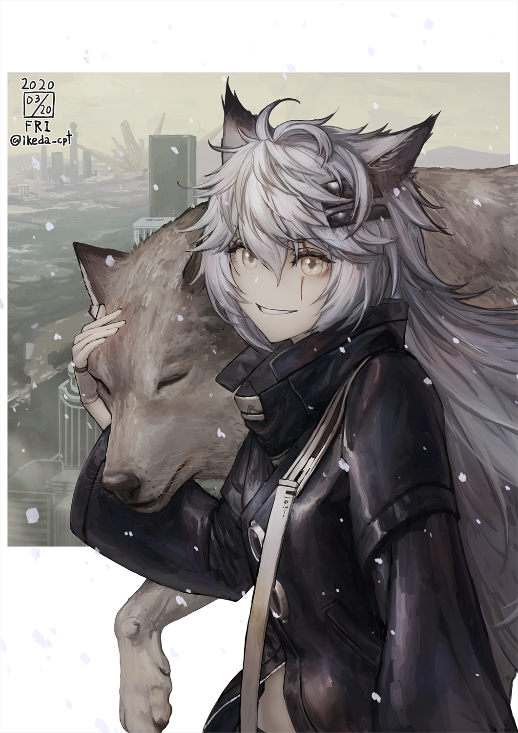 1girl animal_ears arknights cityscape closed_eyes eyebrows_visible_through_hair hair_ornament highres hug ikeda_(cpt) jacket lappland_(arknights) long_hair looking_at_viewer looking_to_the_side pale_skin scar smile snow white_hair wolf wolf_ears yellow_eyes