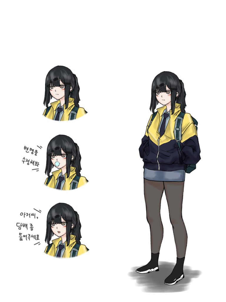 1girl artist_request backpack bag black_footwear black_hair brown_eyes chewing_gum girls_frontline korean_text necktie nyto_mercurows_(girls_frontline) paradeus ponytail shirt windbreaker