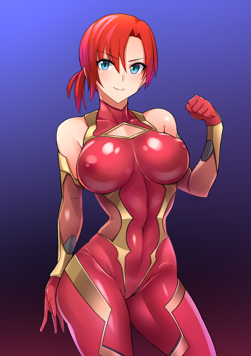 &gt;:) 1girl alternate_costume asymmetrical_bangs bangs blue_eyes blush bodysuit boudica_(fate/grand_order) breasts clenched_hand closed_mouth covered_navel covered_nipples cowboy_shot fate/grand_order fate_(series) gloves gradient gradient_background highres impossible_clothes impossible_leotard large_breasts leotard multicolored multicolored_background red_bodysuit red_gloves redhead short_hair short_ponytail skin_tight smile solo webslinger