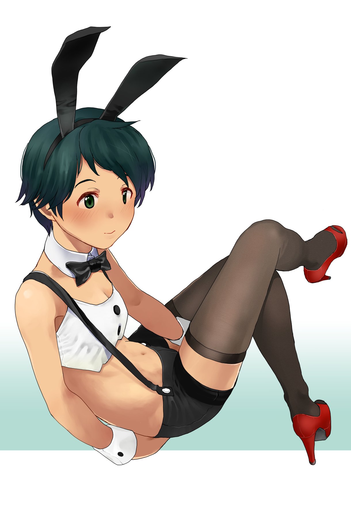 1girl animal_ears black_hair black_legwear black_neckwear black_shorts bow bowtie breasts bunny_girl crop_top detached_collar gradient gradient_background green_eyes high_heels highres kantai_collection looking_to_the_side mogami_(kantai_collection) pantyhose rabbit_ears red_footwear short_hair shorts small_breasts smile solo suspenders tooku_nomura_(artist) white_background wrist_cuffs