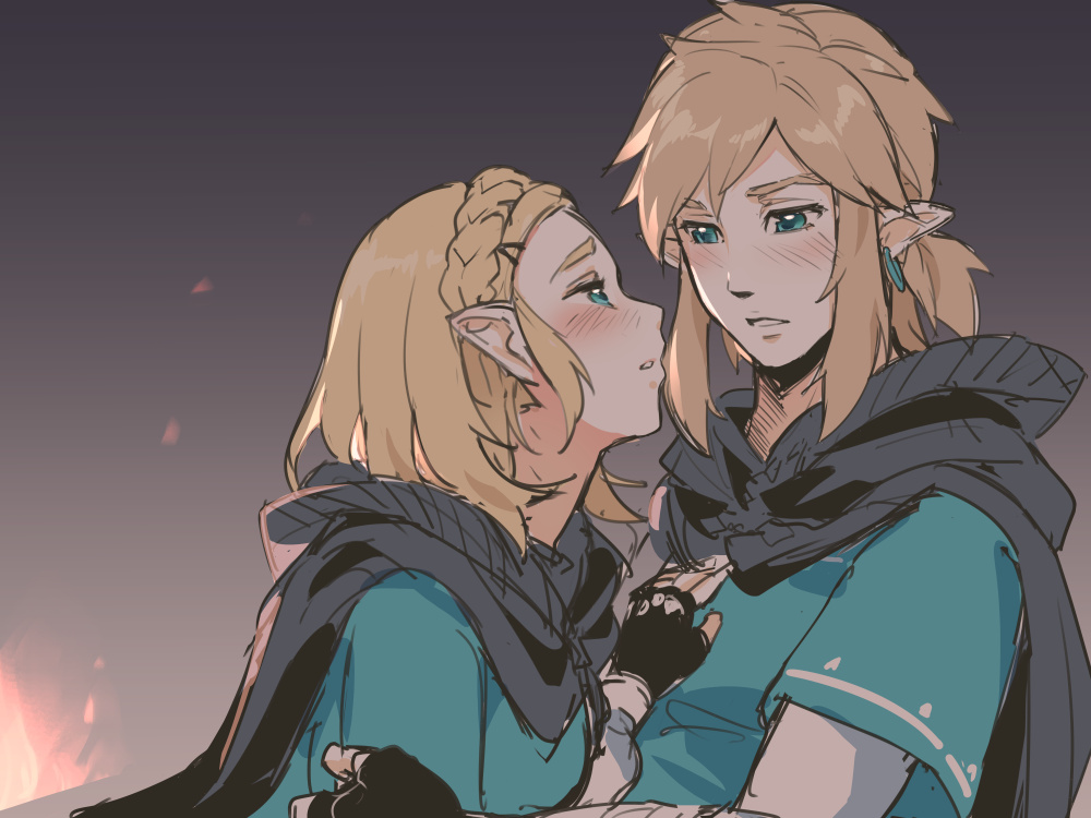 1boy 1girl asutora black_cape black_gloves blonde_hair blue_eyes blush cape earrings fingerless_gloves gloves jewelry link looking_at_another pointy_ears princess_zelda short_hair sketch the_legend_of_zelda the_legend_of_zelda:_breath_of_the_wild the_legend_of_zelda:_breath_of_the_wild_2