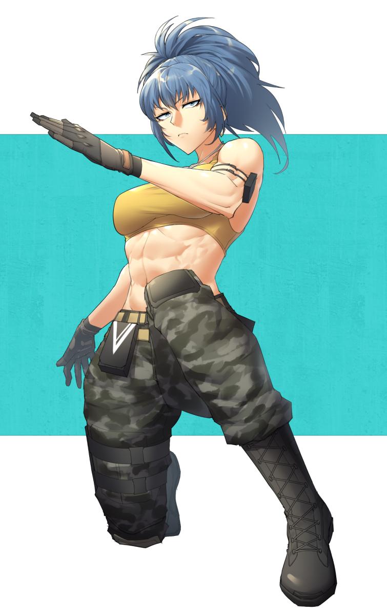 1girl abs blue_hair boots camouflage camouflage_pants gloves highres houjoh_(7th-heaven) leona_heidern midriff muscle muscular_female pants ponytail solo the_king_of_fighters