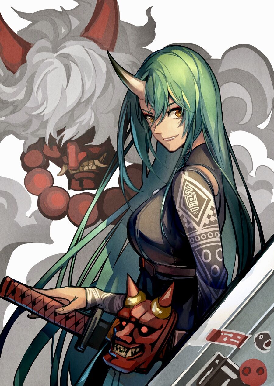 1girl arknights bangs breasts dragon_horns feng_you from_side green_hair grin hair_between_eyes highres holding holding_sword holding_weapon horn horns hoshiguma_(arknights) large_breasts long_hair long_sleeves looking_at_viewer mask oni oni_horn oni_horns shield smile standing sword very_long_hair weapon yellow_eyes
