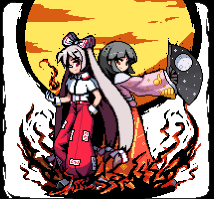 2girls adapted_costume baggy_pants bandaid bandaid_on_nose bangs black_hair blunt_bangs border bow closed_mouth collared_shirt commentary_request eyebrows_visible_through_hair fan fire folding_fan fujiwara_no_mokou full_body glove_cuffs gloves hair_bow hand_in_pocket hand_up hime_cut holding holding_fan houraisan_kaguya japanese_clothes long_hair long_skirt long_sleeves looking_at_viewer lowres moon multiple_girls ofuda ofuda_on_clothes outstretched_arm pants pink_shirt pixel_art red_eyes red_pants red_skirt sash shirt silver_hair skirt sleeves_past_wrists smile standing star star_print suspenders the_hammer_(pixiv30862105) touhou transparent_background very_long_hair white_bow white_gloves white_shirt wide_sleeves