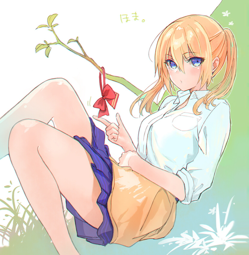 1girl blonde_hair blue_eyes blue_skirt bow bowtie bowtie_removed branch clothes_around_waist grass hand_on_own_stomach jacket_around_waist leaf leaning_back legs looking_at_viewer miniskirt official_art onishima_homare outdoors red_neckwear sagaraise school_uniform shirt sitting skirt sleeves_rolled_up solo sounan_desuka? twintails white_shirt