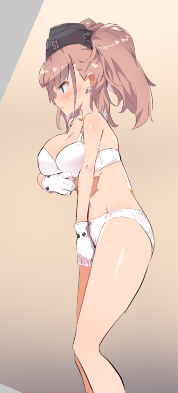 1girl atlanta_(kantai_collection) bra breasts brown_hair caburi commentary_request earrings feet_out_of_frame garrison_cap gloves gradient gradient_background grey_eyes hat jewelry kantai_collection large_breasts long_hair panties pink_background profile solo standing star star_earrings two_side_up underwear underwear_only white_bra white_gloves white_panties